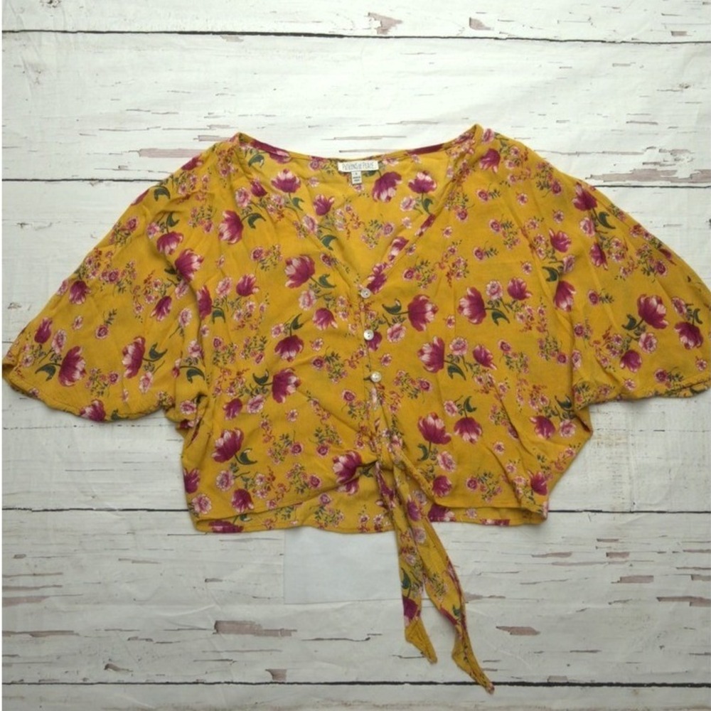 Patrons‎ of Peace Mustard Yellow Floral Tie Front Crop Top Boho Rayon Small
